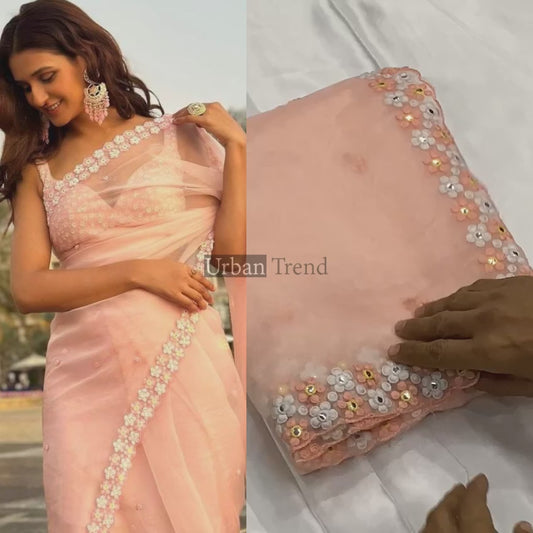 Peach Color Embroidered Soft Organza Silk Saree with Blouse