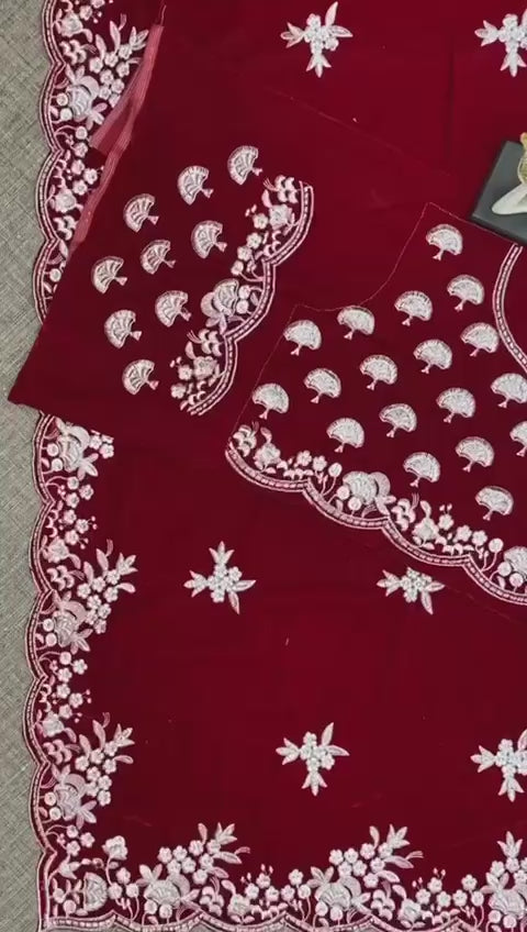 Knockout Maroon Color Velvet Embroidered Work Saree Blouse