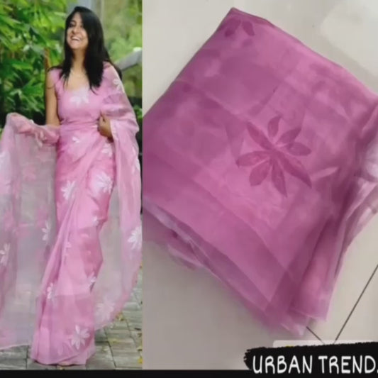 Pink Color Digital Printed Organza Silk Saree With Blouse