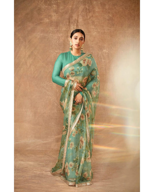 Sear Green Organza Silk Saree with Blouse