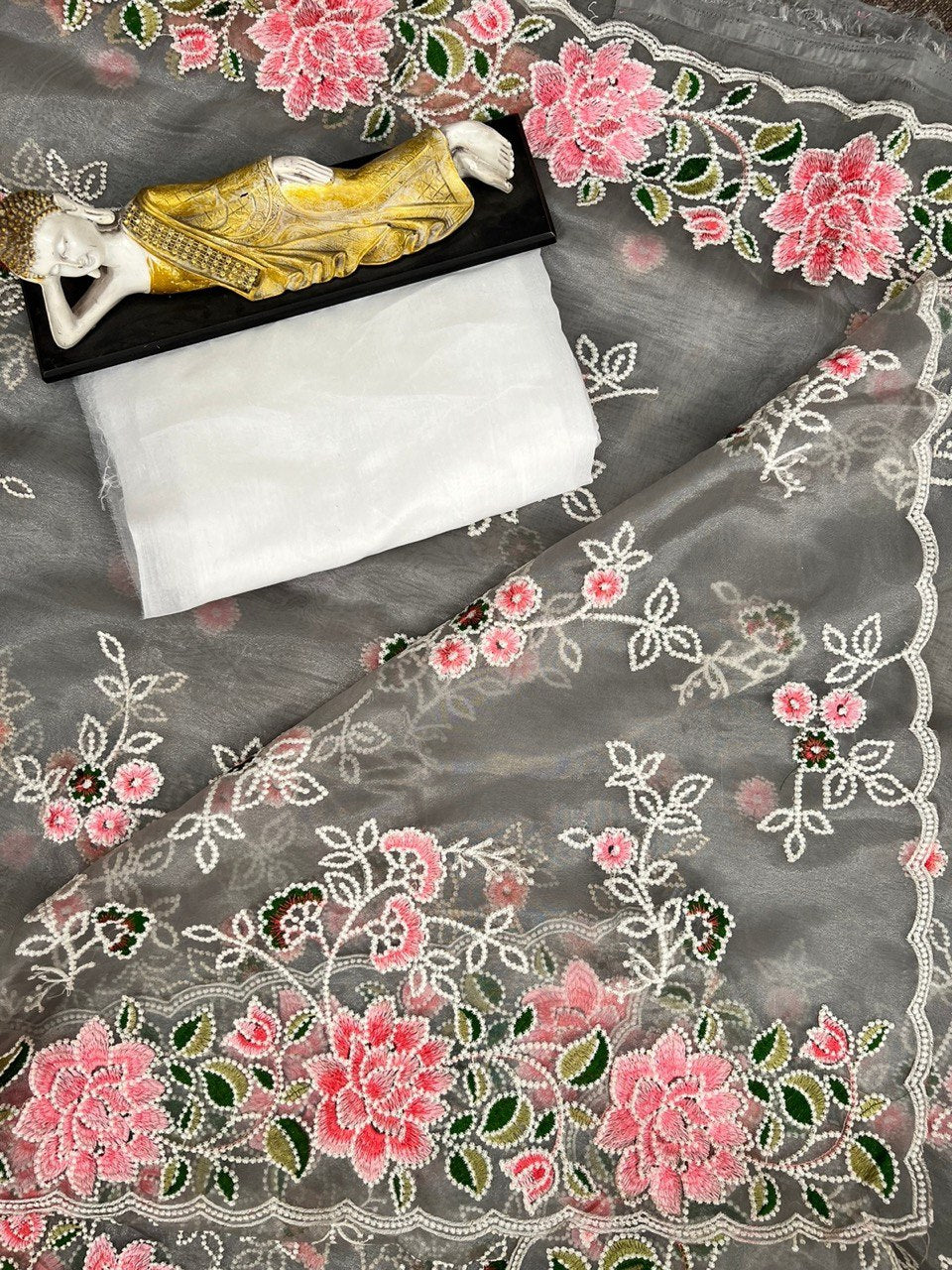 Dazzling Grey Color Organza Multi Thread Embroidered Cut Work Saree Blouse