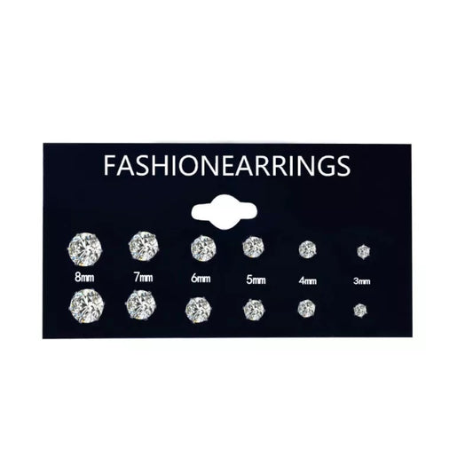 6 Pairs 1 Set Rhinestone Crystal Stud Earrings 8mm-3mm Solitaire Zircon Stud Earrings For Women Girls