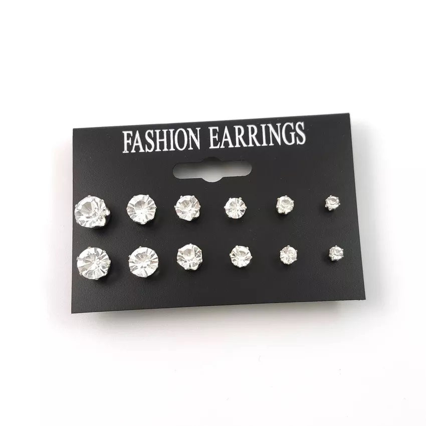 6 Pairs 1 Set Rhinestone Crystal Stud Earrings 8mm-3mm Solitaire Zircon Stud Earrings For Women Girls