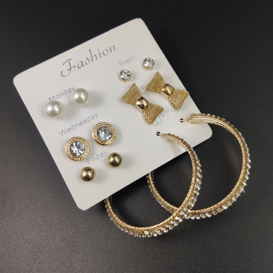 Urban Trend 6 pair fashion Rhinestone Earrings big circle bow pearl of earrings set