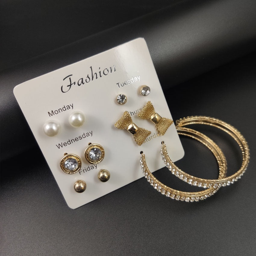 Urban Trend 6 pair fashion Rhinestone Earrings big circle bow pearl of earrings set