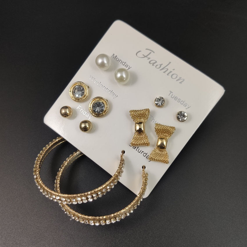 Urban Trend 6 pair fashion Rhinestone Earrings big circle bow pearl of earrings set