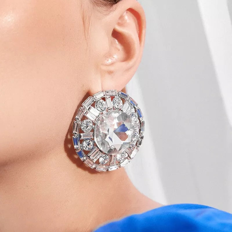 Urban Trend round alloy diamond inlaid glass full of exaggerated eye absorbing Earrings