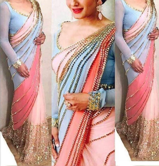 Pretty Blue & Pink Designer Georgette With Net Sequence Lace fancy designer saree