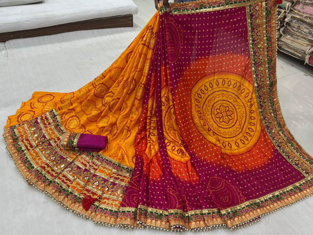 Designer Half-Half Dolla Silk Saree with Bandhej Print and Gota-Patti Border