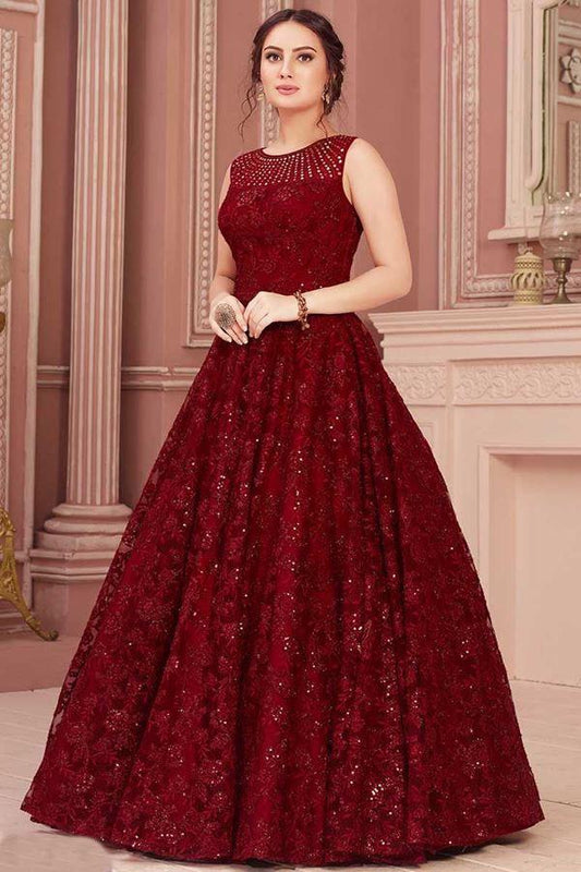 Party Wear Georgette Maroon Color Gown With Heavy Chine Sequence Work For Women