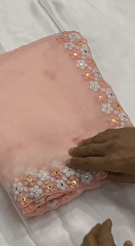 Unique Baby Pink Color Organza Mirror Embroidered Work Saree Blouse