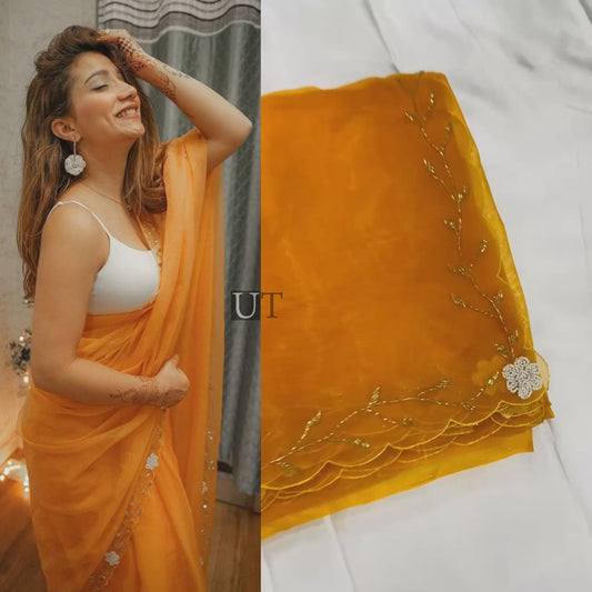 Orange Color Hand Work Embroidered Soft Organza Saree For Women