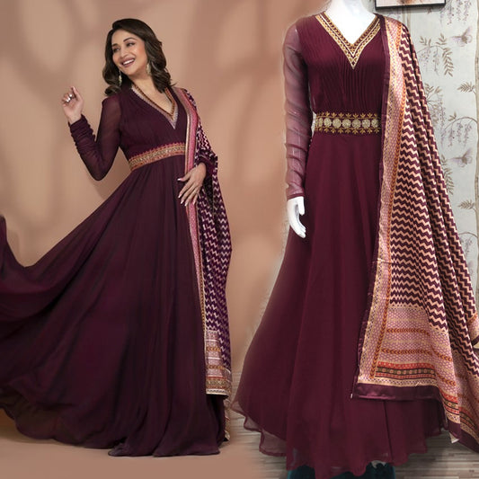 Latest Style Maroon Color Stitched Gown For Women