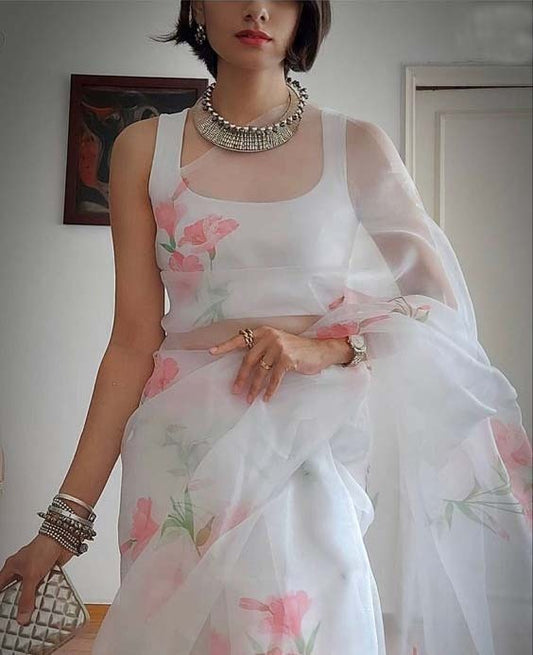 Stunning White Color Organza Flower Printed Work Saree Blouse