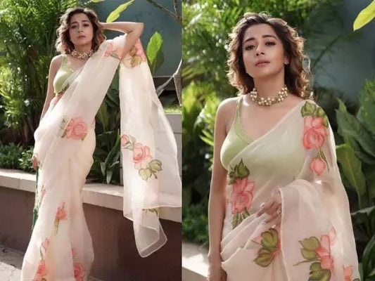 Amazing Peach Color Organza Flower Printed Work Saree Blouse