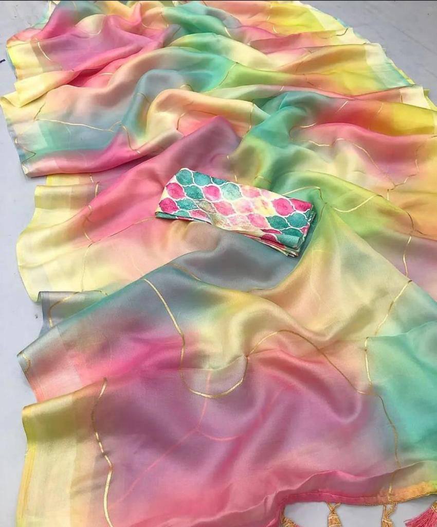 Stunning Fancy Fabric Digital Print with Hand Foil Art Work saree