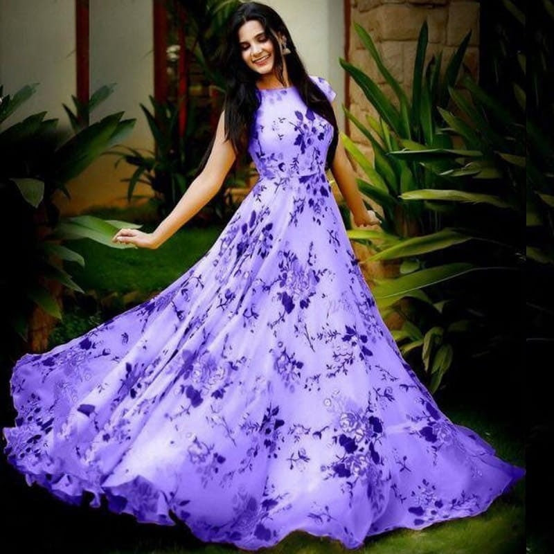 Marvellous Purple Color Designer Digital Printed Heavy Crape Full Stitched Gown For Festive Wear